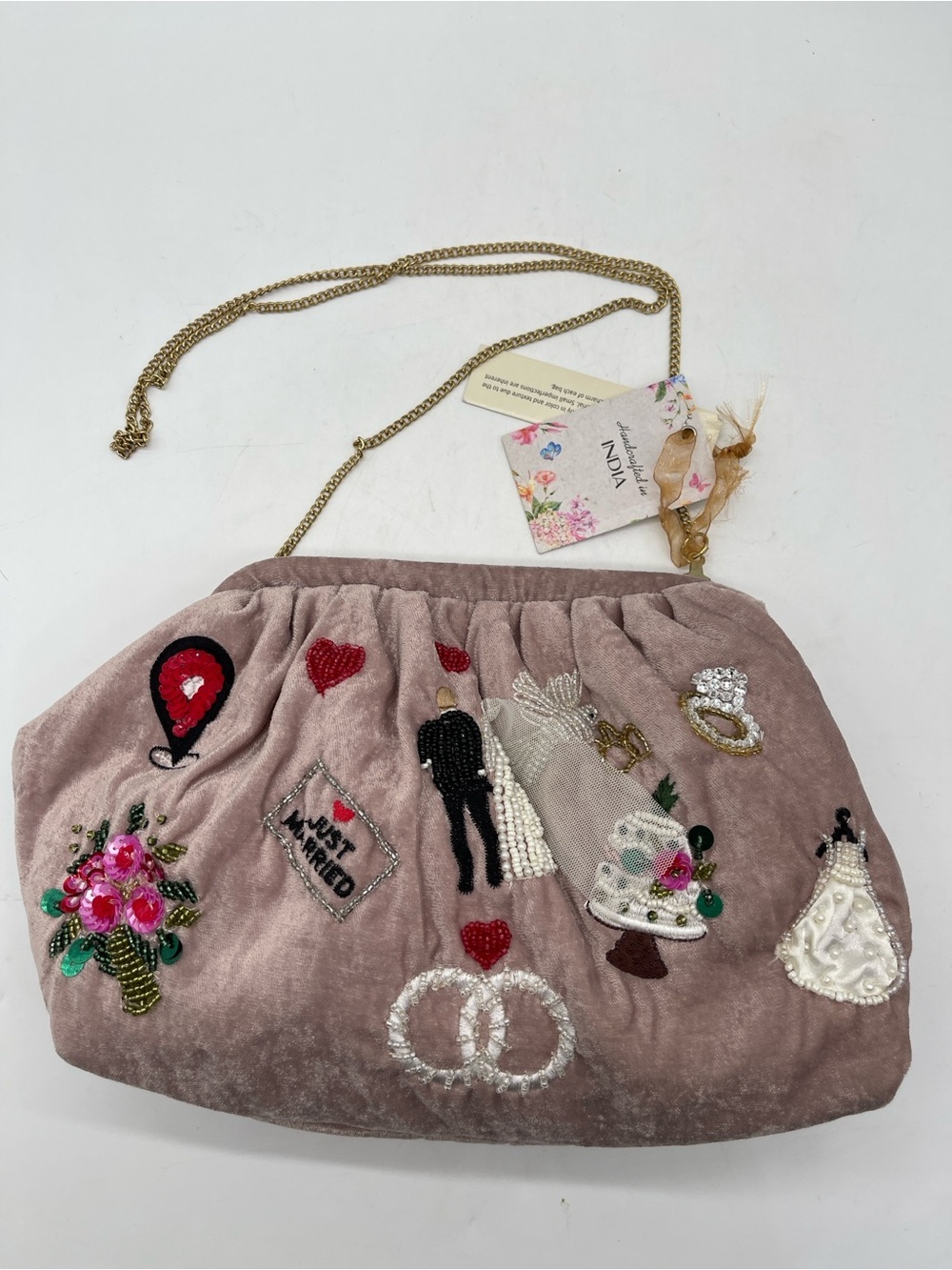 NWT Handcrafted India Velvet Beaded Purse Applique Just Married Wedding Bridal